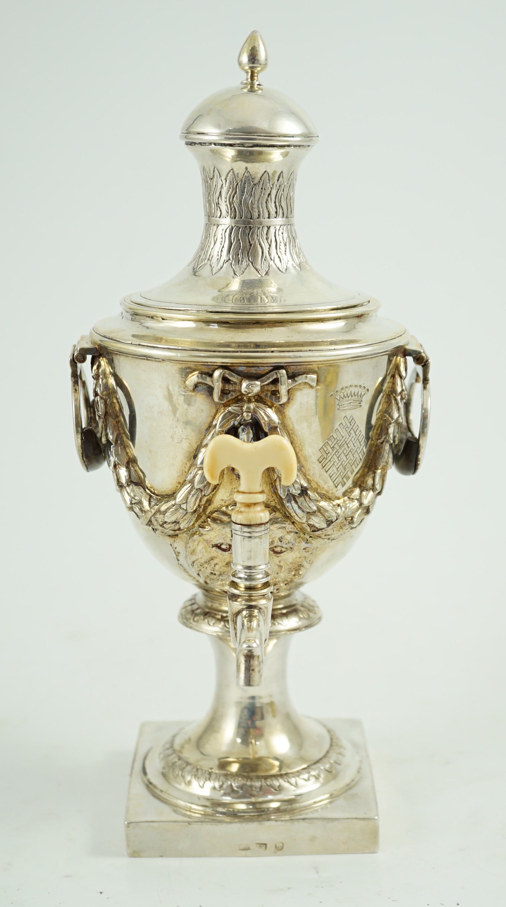A late 18th century Russian silver samovar, with ivory spigot, master possibly Alexander Yarshinov?